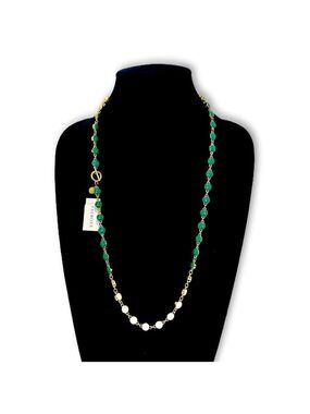 TALBOTS Reversible Kelly Green & White Enamel Long Gold-Tone Necklace | NWT